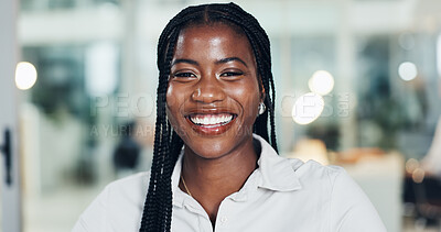 Buy stock photo Happy, business and black woman with portrait in office for career pride, about us and accountant. Smile, female person and confident with ambition, financial advisor and asset management of company