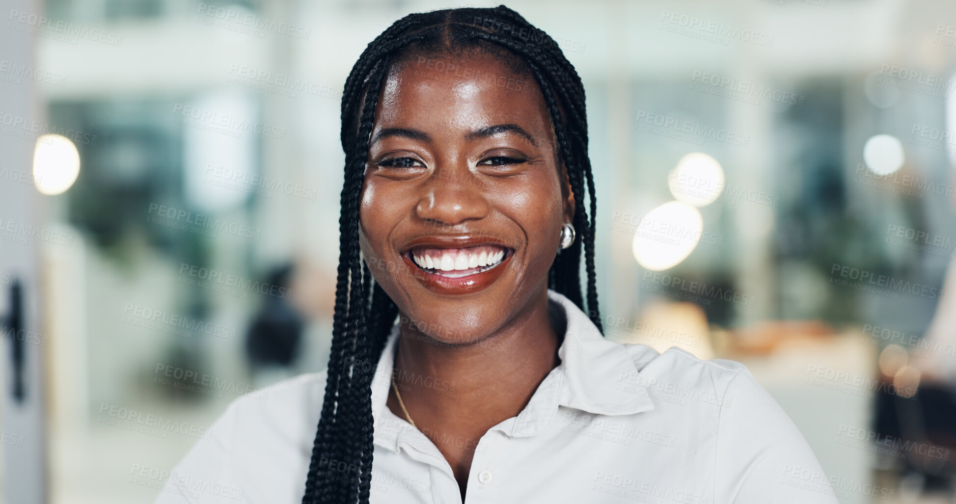 Buy stock photo Happy, business and black woman with portrait in office for career pride, about us and accountant. Smile, female person and confident with ambition, financial advisor and asset management of company