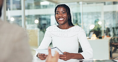 Buy stock photo Interview, hiring or woman in office with resume, discussion or meeting in onboarding process. Contract review, talk or recruiter in agency with document, candidate or proposal for career opportunity