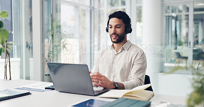 Buy stock photo Happy, telemarketing and man with laptop, call center or communication with headset for consultation. Talking, consultant and person with mic for discussion, lead generation and customer service
