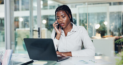 Buy stock photo Phone call, laptop and business black woman in office for contact, finance advice and networking. Professional, investor and person on smartphone for conversation, negotiation or talking for deal