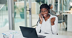 Happy woman, winning and phone call with laptop in office for promotion, bonus or good news. Excited, female person or employee with smile or fist pump on mobile smartphone for business success