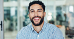 Portrait, business and man with smile in office for career pride, about us and accountant. Happy, male person and confident with ambition, financial consultant and experience for asset management