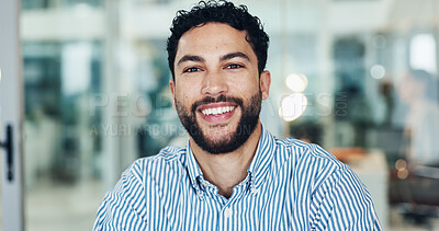 Buy stock photo Portrait, business and man with smile in office for career pride, about us and accountant. Happy, male person and confident with ambition, financial consultant and experience for asset management