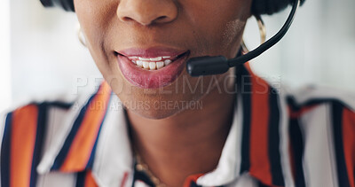 Buy stock photo Mouth, headset and mic with talk at call center, review and guide for customer service at office. Person, consultant and agent with voip tech, contact us or feedback with career, advice and help desk