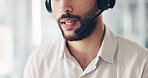 Businessman, mouth and consultant with headset in call center for customer service or online advice. Man, agent and talking with mic for virtual assistance, CRM help or communication in workplace