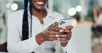 Buy stock photo Business, hands and woman in office, smartphone and message to contact, trading and smile. Person, investor or employee with cellphone, bokeh and email for stock market, app and website information