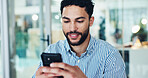 Employee, online and man with smartphone, office and communication with contact on break or texting. Typing, message and person with mobile app, connection and digital networking on social media