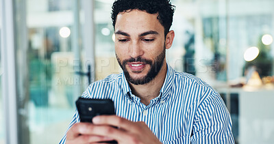 Buy stock photo Employee, online and man with smartphone, office and communication with contact on break or texting. Typing, message and person with mobile app, connection and digital networking on social media
