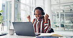 Video call, fist pump and black woman with laptop for promotion, success and celebration. African person, consultation and excited in workplace with headset, achievement and customer service goals