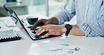 Typing, graphs and hands of person on laptop for planning, paperwork and online report. Review, business man and technology for research with documents, proposal charts or schedule for networking