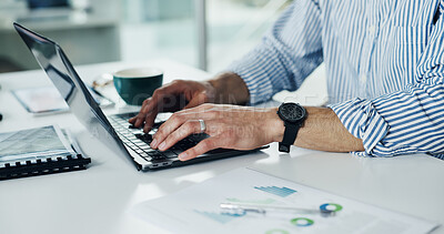 Buy stock photo Typing, graphs and hands of person on laptop for planning, paperwork and online report. Review, business man and technology for research with documents, proposal charts or schedule for networking