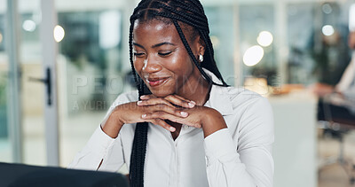 Buy stock photo Smile, business woman and laptop for planning, message proposal or online research in office. Feedback, female person and tech in workplace for networking, brainstorming or information with bokeh