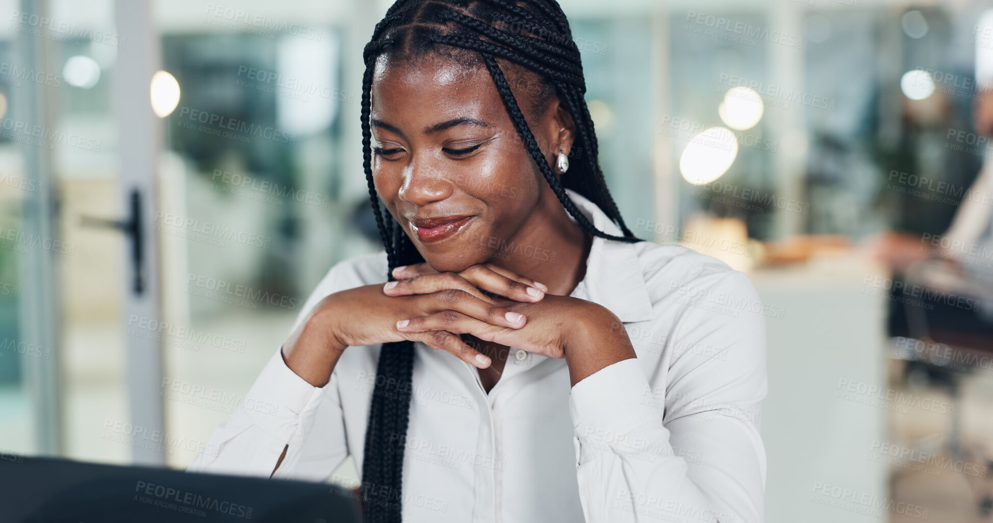 Buy stock photo Smile, business woman and laptop for planning, message proposal or online research in office. Feedback, female person and tech in workplace for networking, brainstorming or information with bokeh