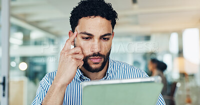 Buy stock photo Think, tablet and business man in office for report, regulation evaluation or planning project. Review, technology and advisor with idea in workplace, problem solving or reading compliance proposal