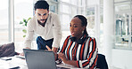 Business, people and talk with laptop in call centre for training, customer support and crm advice. Staff, team and discussion with pc for client compliant, coaching intern and assistance for telecom