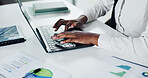 Typing, paperwork and hands of person on laptop for planning, graphs and online report. Review, business woman and technology for research with documents, proposal charts or schedule for networking