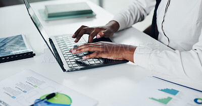 Buy stock photo Typing, paperwork and hands of person on laptop for planning, graphs and online report. Review, business woman and technology for research with documents, proposal charts or schedule for networking
