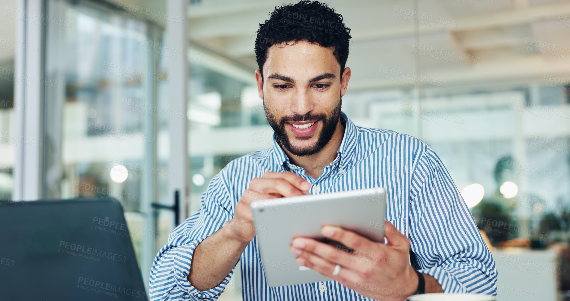 Buy stock photo Business, man and reading with tablet in office for research, email editor and proofreading. Male journalist, digital and editing online with article feedback, update draft and publication submission