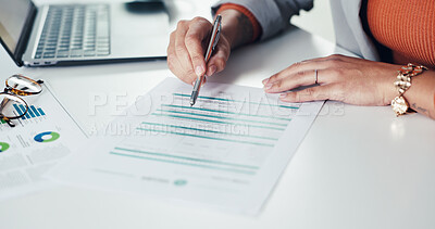 Buy stock photo Woman, hands and writing with documents for business contract, survey or company policy in office. Female person, employee or reading with pen or paperwork for application or insurance in workplace