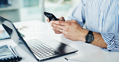 Buy stock photo Texting, online and hands with smartphone, office and communication with contact on break or website. Typing, message and person with mobile app, connection and digital networking on social media