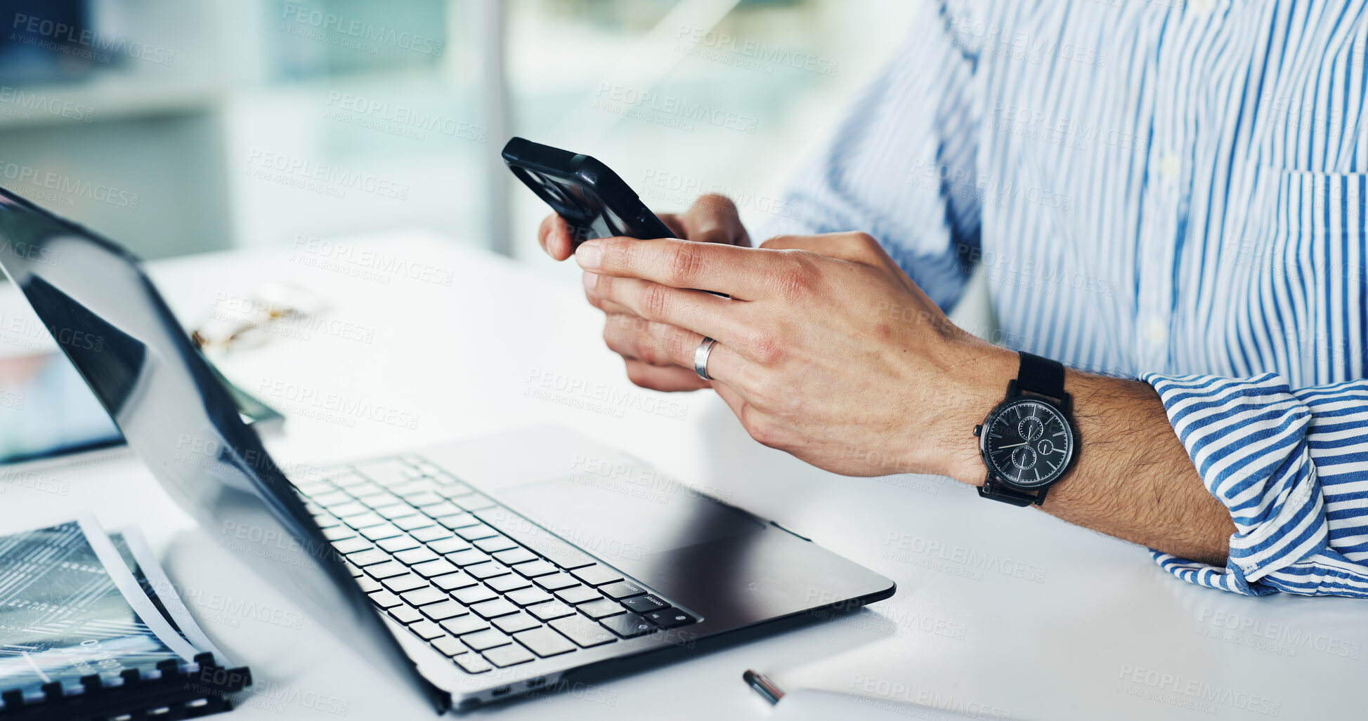 Buy stock photo Texting, online and hands with smartphone, office and communication with contact on break or website. Typing, message and person with mobile app, connection and digital networking on social media