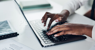 Buy stock photo Typing, documents and hands of person on laptop for planning, checklist and online report. Review, business woman and technology for research with paperwork, proposal or schedule for networking