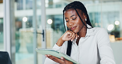 Buy stock photo Thinking, tablet and black woman in office for business, regulation evaluation or planning project. Smile, technology or advisor with idea in workplace, problem solving or reading compliance proposal