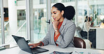Business woman, laptop and thinking in office with typing, paperwork and tax audit or budget report. Documents, financial agency or person with technology for accounting and deadline for investment
