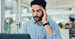 Office, burnout and man with headache, pain and accountant with stress for tax deadline or pressure. Exhausted, workaholic and person with migraine for audit, overworked and employee with discomfort