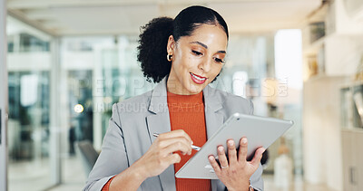 Buy stock photo Creative, office and business woman on tablet for online project, proofreading and article review. Publishing, editor and person on digital tech with stylus for research, planning and editing report