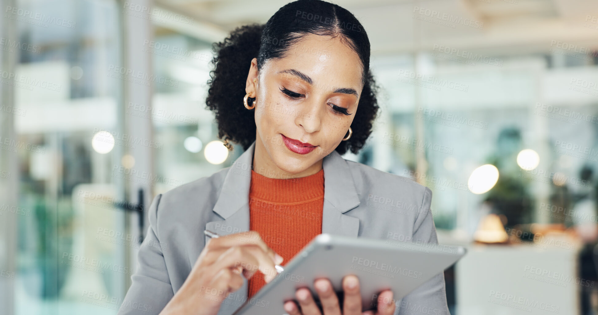 Buy stock photo Business, woman and stylus with tablet in office for research, email editor and proofreading. Journalist, digital and reading online for article feedback, newsletter update and publication submission