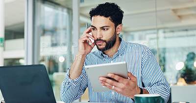 Buy stock photo Thinking, laptop and business man in office for report, regulation evaluation or planning project. Computer, tablet and advisor with idea in workplace, problem solving or reading compliance proposal