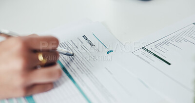 Buy stock photo Pen, contract and hands of person with signature in office for mortgage, legal documents or title deed. Paperwork, agreement and woman with registration, sign up or application for insurance loan