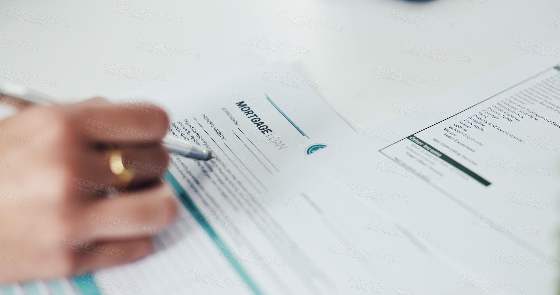 Buy stock photo Pen, contract and hands of person with signature in office for mortgage, legal documents or title deed. Paperwork, agreement and woman with registration, sign up or application for insurance loan