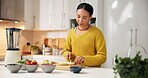 Woman, nutrition or banana with fruit in kitchen for organic meal prep, smoothie or blender in home. Female person, nutritionist and cutting natural food for healthy recipe, diet or wellness in house