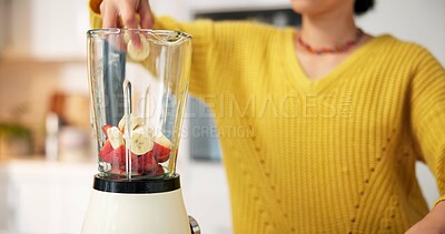 Buy stock photo Kitchen, hands and woman with blender for smoothie in morning for healthy drink, diet and detox. Home, protein shake and person with ingredients, fruit and food for nutrition, wellness and vitamins