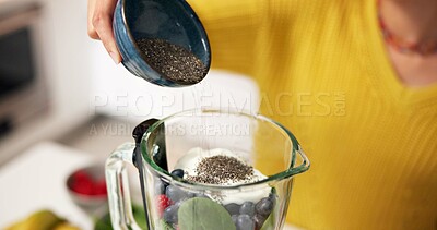 Buy stock photo Blender, chia seeds and hands of woman with smoothie in morning for healthy drink, diet and detox. Home, protein shake and person with ingredients, fruit and food for nutrition, wellness and vitamins