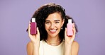 Happy woman, portrait and skincare with beauty products for cosmetics on a purple studio background. Female person, smile and hydration with dermatology or retinol for vitamin C or facial treatment