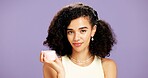 Skincare, cream and portrait of woman in studio for beauty treatment, hydration and cosmetics. Dermatology, vitamin c lotion and self care with person on purple background space for retinol facial