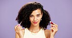 Lip gloss, portrait and skincare with woman in studio for hydration or moisturizer application. Aesthetic, beauty and mouth product with African model isolated on purple background for dermatology