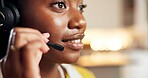 Customer service, headset and virtual assistance with black woman at work for feedback or help. Communication, microphone and support with African person in home for remote work as freelance employee