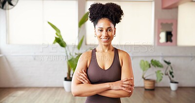Buy stock photo Portrait, fitness and woman in studio, arms crossed and confidence with wellness. Happy, pride and healthy person in gym, smile and pilates training with exercise, workout and about us with practice