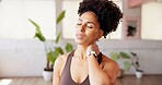 Athlete, black woman and discomfort of neck pain from pilates accident, inflammation and cramp. Female person, ache and spine injury from fitness, muscle sprain and exercise mistake from burnout risk