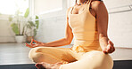 Hands, yoga and woman with meditation in studio for stress relief, mindfulness and inner peace. Yogi, breathing or person with lotus pose on mat for holistic wellness, mental health or chakra balance