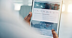 Business person, hands or screen of tablet for investing information, website or online article for research. Browsing web, stock exchange knowledge or tech for investment growth, trading or internet