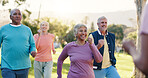 Class, warm up and fitness with old people in park for wellness, workout or mobility exercise. Joint friendly training, retirement and learning with group of senior men and women outdoor for health