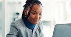 Reading, laptop and business black woman in office for finance report, online research and audit review. Happy, corporate and worker on computer for financial proposal, documents and budget planning