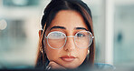 Reading, glasses and business woman in office for finance report, research and audit review. Reflection, corporate and worker online for financial proposal, documents or budget planning with eyewear