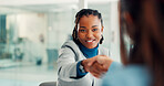 Woman, shaking hands and smile with recruitment, welcome and hiring process for deal at company. Person, human resources and handshake with thanks, agreement or onboarding with interview at agency